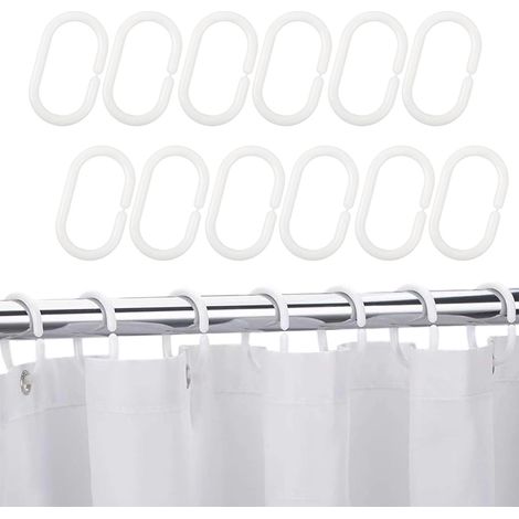 Lot de 12 Anneaux de Rideau de Douche en Plastique Robuste, Forme C, Blanc, Pour Salle de Bain, Hôtel (1/5)