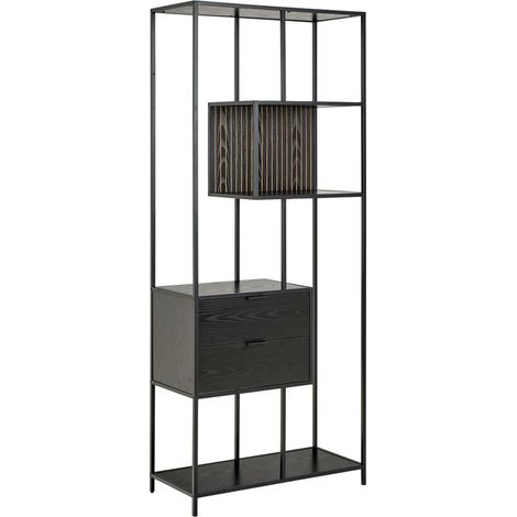 Estantería Norsica Sevferi 182, Cenizas negro + Negro, Con cajones, Abierto, MDF, Número de puertas: 0, Número de cajones: 0, 185x77x35cm (1/5)