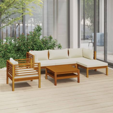 Salon de jardin 6 pcs,Mobilier de terrasse,Table et Chaise pour Relax avec coussin crème Bois d'acacia solide -YZ397941 (1/5)