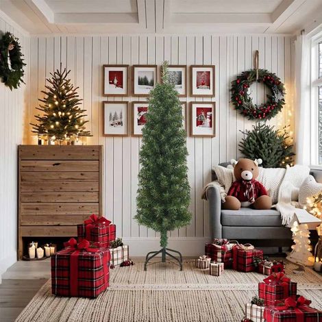 Sapin de Noël Arbre de Noël artificiel mince avec support vert 180 cm PVC (1/5)