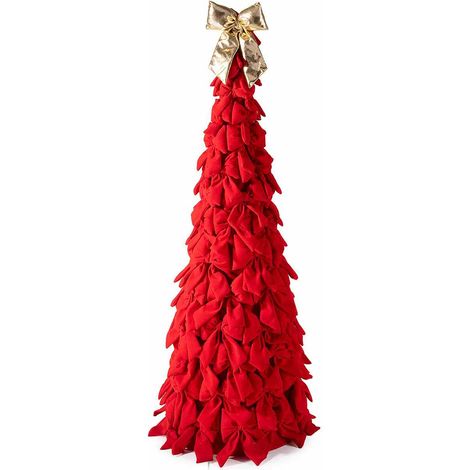 Alberi di Natale decorativi realizzato con fiocchi in velluto rosso e fiocco dorato, Ø 35,5 cm x 103 H