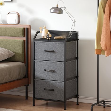 Schmale Kommode mit 3 Schubladen - Stoffkommode mit viel Stauraum, Kommode Organizer für Wohn-/Schlafzimmer, Holzplatte und Metallrahmen, Dunkelgrau (1/5)