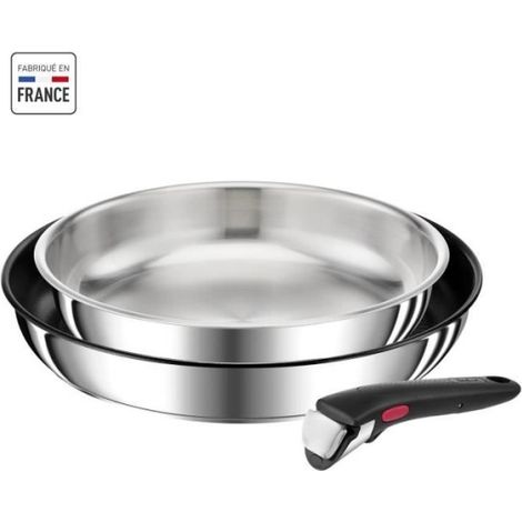 Tefal Ingenio Preference Lot 3 pièces, Poêles 24/28 cm + poignée amovible, Empilable, Acier inoxydable, Induction, France (1/5)