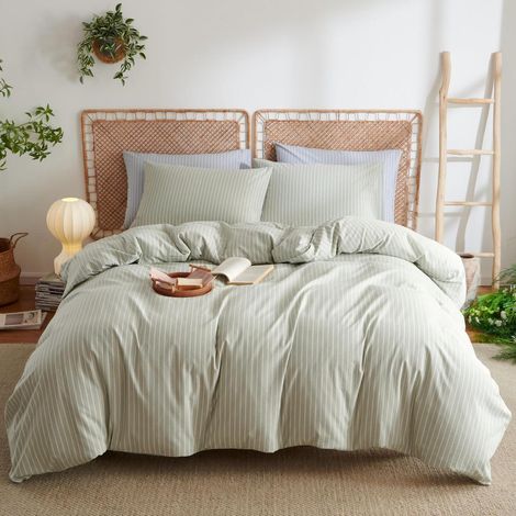Bettwäsche-Set 155x220 cm Baumwolle Gestreift Grün Weiß mit Reißverschluss