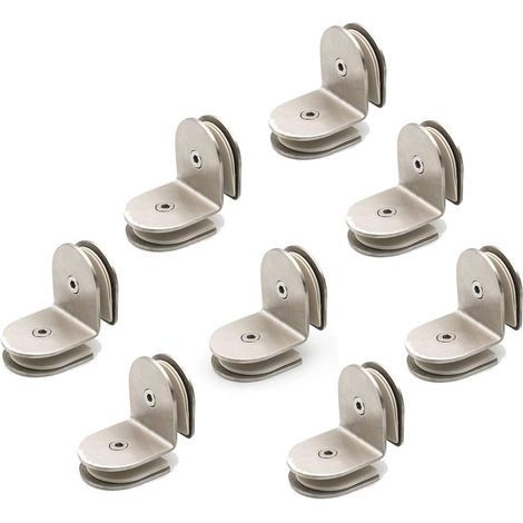 Juego de 8 abrazaderas de acero inoxidable 304 de 90 grados, soportes de vidrio a vidrio, soporte para estantes de vidrio, apto para paneles de vidrio de 8 a 12 mm de grosor, acabado cepillado. (1/5)