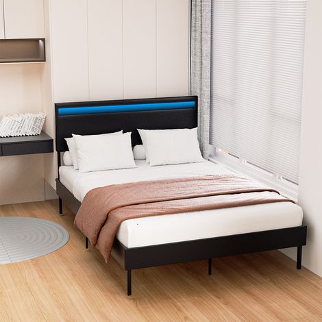 Wolketon Cadre de lit Sommier à lattes 140x200CM Capacité de charge maximale 350 kg Tête de Lit simili cuir Éclairage LED avec télécommande