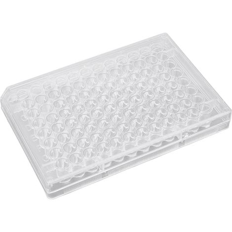 Lot de 10 plaques de culture cellulaire à 96 puits en polystyrène transparent avec couvercle en plastique, pour laboratoire et salle de biologie. Fond plat. (1/5)