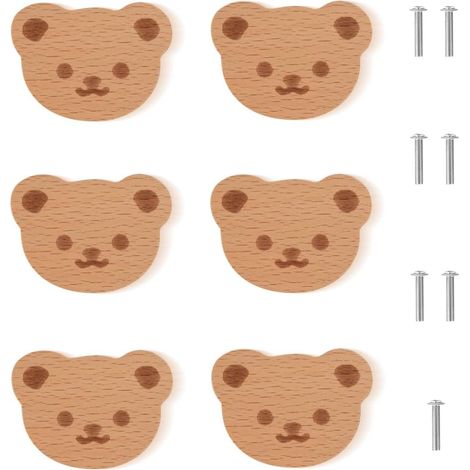 Boutons de Tiroir en Bois Massif, 6 Pièces Poignées de Meubles Pour Animaux, Boutons de Porte D'Armoire, Poignée de Tiroir Avec Vis (1/4)