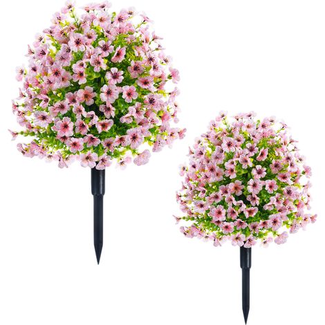 Set de 2 boules topiaires artificielles avec piquet – Buis et eucalyptus faux, fleurs résistantes UV – Pour décoration extérieurérieure, porche, jardin – Hauteur 60cm – Couleur rose (1/5)