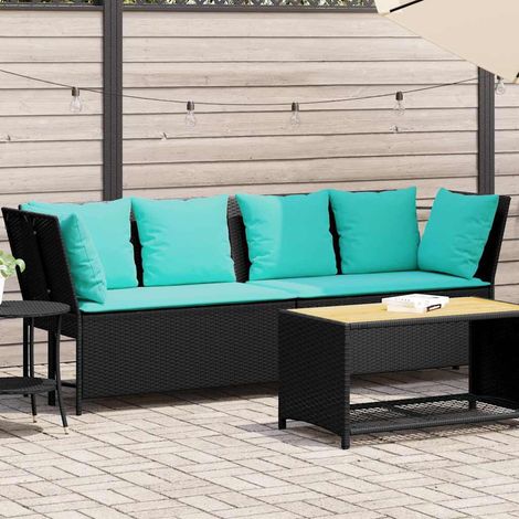 Canapé de Jardin Modulable en Résine Tressée Noir et Coussins Turquoise 233 x 68,5 x 87,5 cm - PANGIVO (1/5)