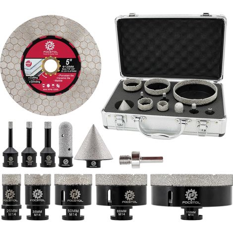 Scie Cloche Carrelage Kit - Foret Diamant Carrelage Kit pour Porcelaine Marbre Granit 12 pièces (6/8/10/25/35/50/68/110mm+50mm Mèches Chanfrein+20mm Fraise+Adaptateur+125mm Disque) (1/5)