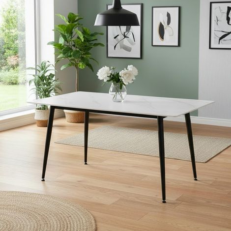Tavolo da Pranzo Kilo 160×90 cm in Ceramica Effetto Marmo Bianco opaco e Gambe Nere (1/4)