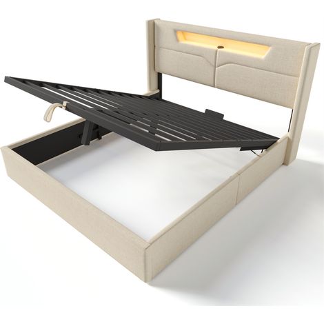 Lit capitonné 160x200 cm avec fonction de recharge USB C et éclairage LED (sans matelas) - Beige (1/5)