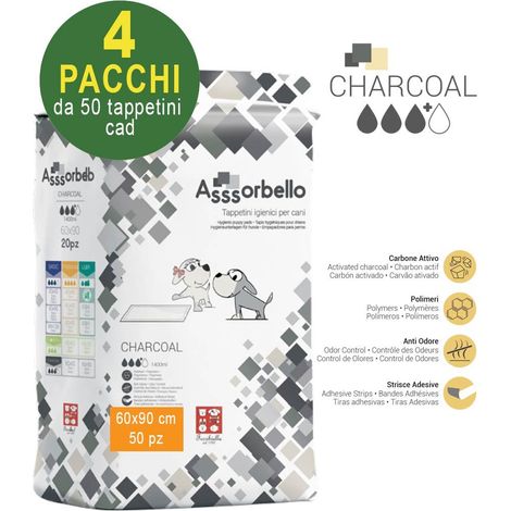200 Asssorbello Charcoal 60x90 cm tapis hygiéniques pour chiens - 4 paquets de 50 chacun