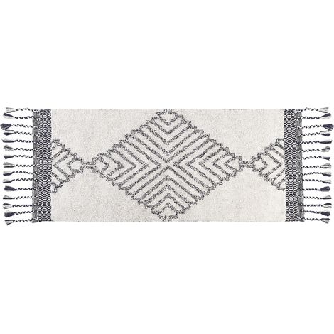 Alfombra de algodón blanco negro 80 x 150 cm hecho a mano geométrico borlas Eray