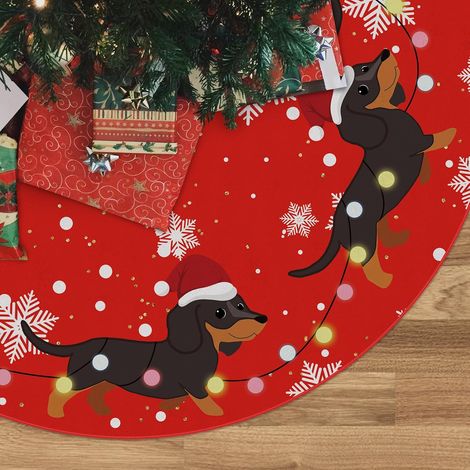 Falda roja para árbol de Navidad, con estampado de perro salchicha, 120 cm, para decoración navideña de interior y exterior con un perro. (1/5)