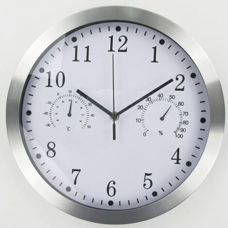 Horloge murale ronde à quartz, horloge murale intérieure silencieuse en aluminium avec thermomètre et hygromètre pour salon, cuisine, bureau (blanc) (1/5)