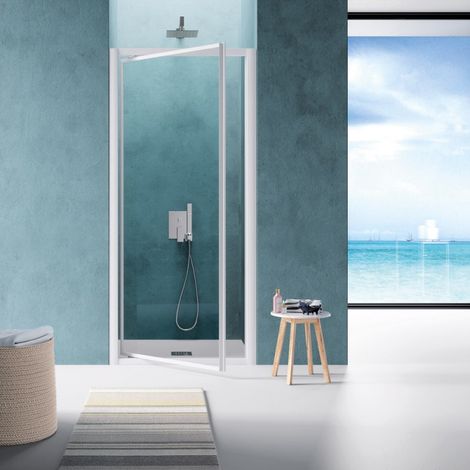 Samo - Porte de douche pivotante 77 - 85 cm Profilés blanc verre granité - AMERICA