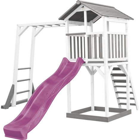Axi Beach Tower Aire De Jeux Avec Toboggan En Violet, Cadre D'Escalade & Bac À Sable Grande Maison Enfant Extérieur En Gris & Blanc Cabane De Jeu En Bois Fsc