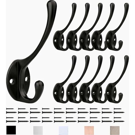 Lot de 10 patères, patères vintage avec vis en métal crochets muraux, pour chambre à coucher crochets à chapeaux salle de bain cuisine (noir) (1/5)
