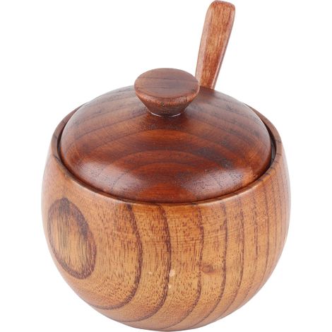 Pot à épices en bois massif (1 pièce), avec cuillère et couvercle, pour la cuisine. (1/5)