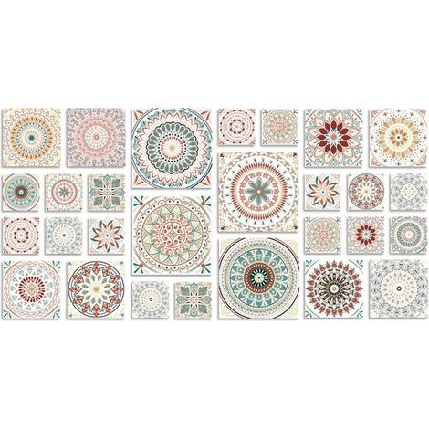 Stickers Dosseret Cuisine - 28 Pièces - Design Mandala Marocain - Stickers Carrelage PVC Autocollants - 3 Formats - Pour Surfaces Lisses (Céramique, Verre, Peinture) - Muurstickers DIY (1/5)