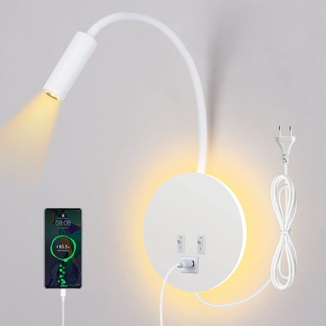 Wandmontierte Leseleuchte, 3000 K (3 W + 8 W) mit Schalter und USB-Ladeanschluss, 360° drehbarer Schwanenhals für das Schlafzimmer, mit Stecker und Kabel, weiß