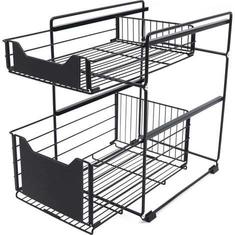Organisateur d'armoire de cuisine à 2 étages - Organiseur télescopique Tiroir extensible 37,4 x 28,2 44 cm Noir (1/5)