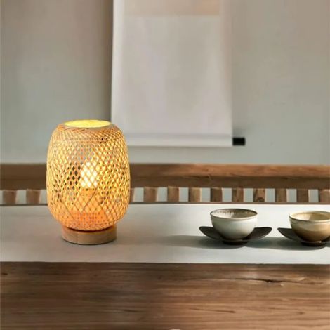 Lanterne Japonaise en Bambou Tressé, Lampe de Bureau Lumineuse pour Chambre, Veilleuse Décorative avec Abat-Jour, Éclairage de Chevet Style Oriental, Modèle 1 (1/3)