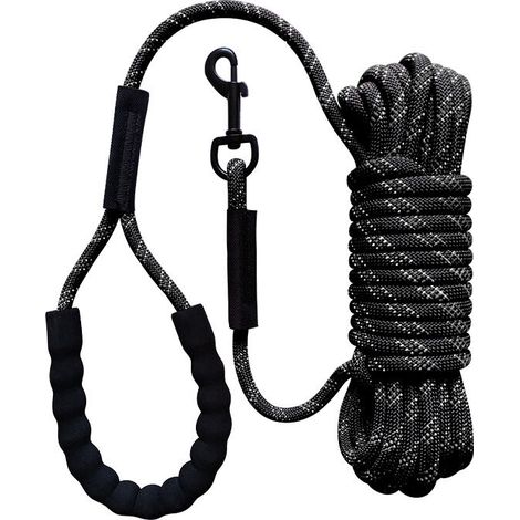 Longe pour Chien 10m, Long Laisse Chien Corde avec Poignée Rembourrée pour Chiens de Petites à Grandes Taille, Noir