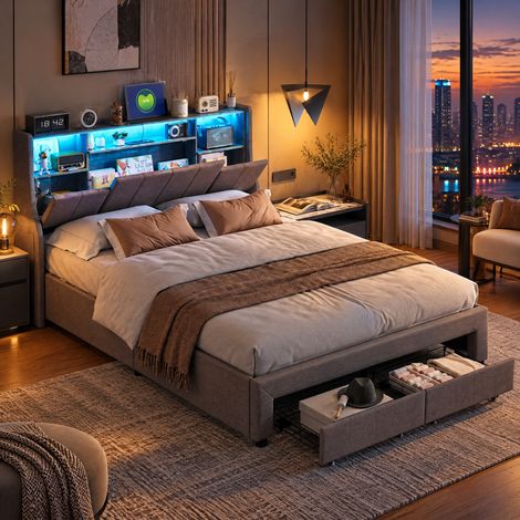 JOOKGBD- Lit double 160x200 cm, Lit tapissier avec rangement, 2 tiroirs intégrés, éclairage LED, tête de lit avec rangement, sommier à lattes inclus, pour adultes et adolescents, Lin, Gris