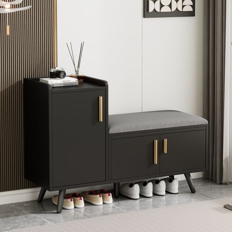 Meuble à chaussures avec 3 Portes et Étagères Réglables, Assise Rembourrée pour Entrée, en Panneaux de Particules, 100×34×68.5 cm, Noir (1/5)