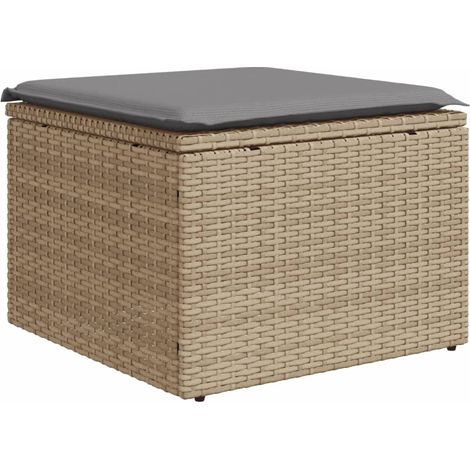 Tabouret de jardin， Pouf de jardin，Repose-pied avec coussin beige 55x55x37cm résine tressée CFW38484