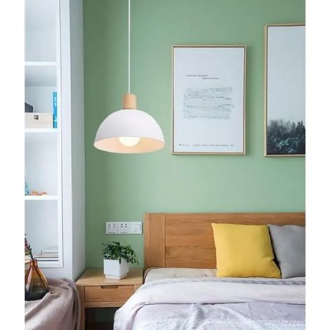 Lustre Suspension Rétro Suspension Luminaire Moderne Style Demi-Cercle Plafonnier E27 en Bois Métal Blanc, Ø 20CM (1/4)