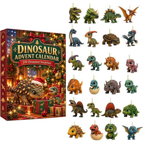 Calendrier de l'Avent Dinosaures - 24 pièces en acrylique plat 2D - Calendrier de l'Avent - Décorations pour sapin de Noël - Cadeau de Noël amusant pour les enfants (1/5)