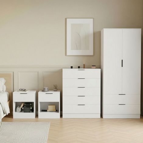 Trega 4pc Bedroom Furniture Set – 2x 1 Drawer Bedside, 5 Drawer Chest & 2 Door Wardrobe, White