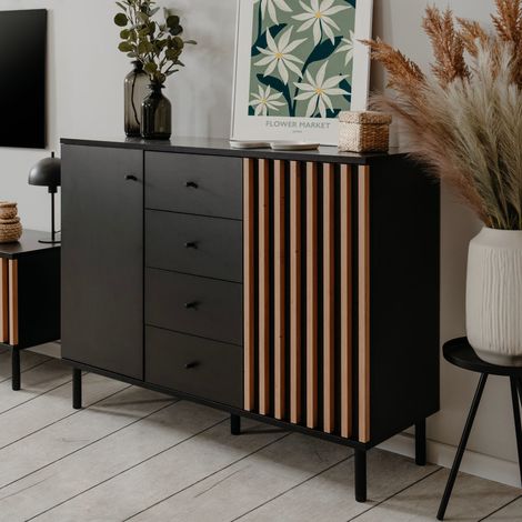 Commode 2 portes 4 tiroirs noir à lamelles (1/5)