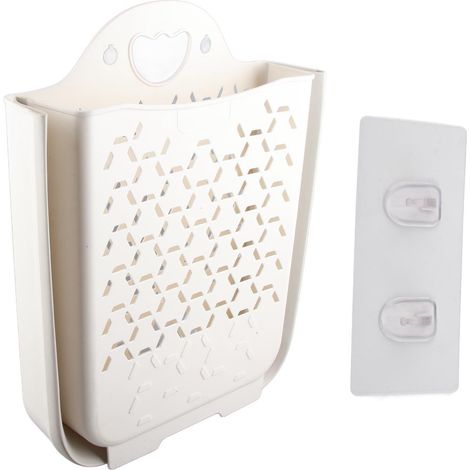 Panier à linge suspendu pliable en PP, fixation murale, blanc, idéal pour la buanderie d'une chambre d'étudiant. (1/5)