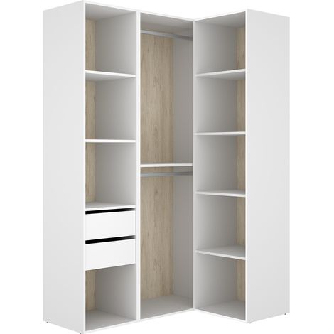Armoire d'angle dressing ouverte avec penderie avec tringle, 9 étagères et 2 tiroirs, coloris blanc/naturel - Hauteur 204,5 x Longueur 124 x Profondeur 84 cm (1/5)