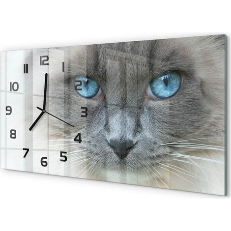 Horloge Murale Décoration Murale XXL 60x30 cm Verre Trempé Élégante Le chat aux yeux bleus (1/5)