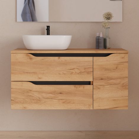 Meuble de salle de bain 100cm avec plateau et vasque à poser déportée à gauche Zeus - sans miroir - 2 tiroirs et un placard - roble (chêne clair) - ZARZA