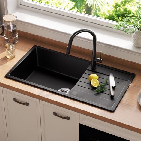 CECIPA MAX Lavello in granito 86×45 cm, lavello da appoggio con gocciolatoio Lavello da cucina in granito incl. sifone, scarico e troppopieno