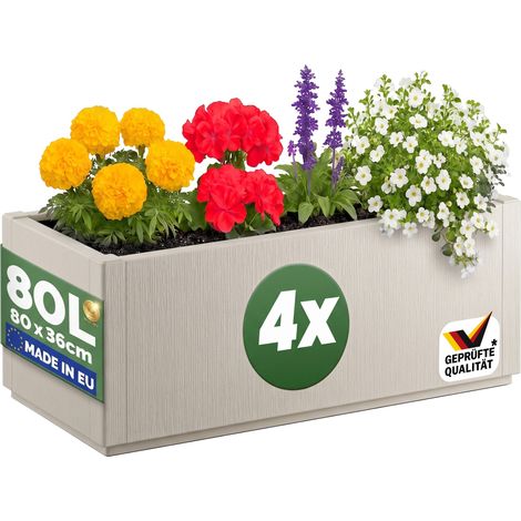 CASARIA® Jardinière Ethica 80x36x36cm 80L résistante aux intempéries fond d'écoulement Bac à fleurs Pot de fleurs Jardin 4x Blanc craie