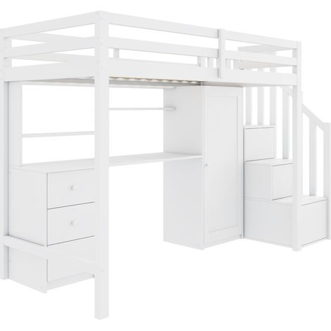Kinder-Hochbett 90 x 200 cm weiß mit Schreibtisch, Schrank, Schubladen und Treppe (1/5)