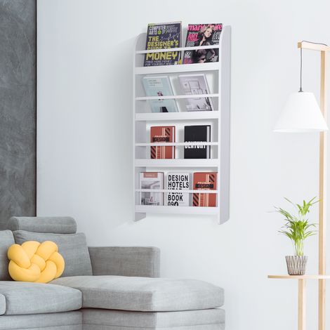 Bibliothèque murale à 4 niveaux en bois blanc, étanche, charge maximale 30 kg (59 cm x 12 cm x 113 cm) (1/5)