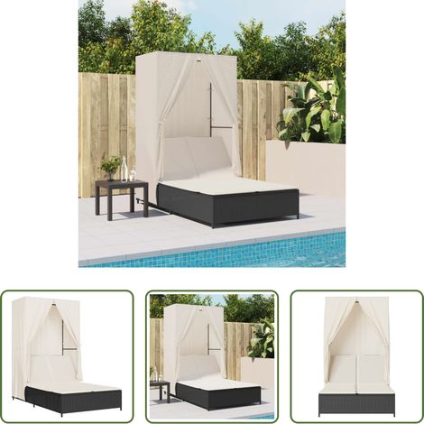 Gartenmöbel - Doppel-Sonnenliege mit Dach und Vorhängen Schwarz Poly-Rattan (1/5)
