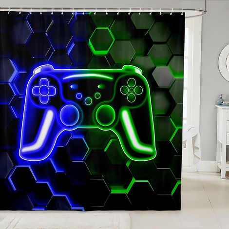 Rideau Douche 180x200cm Gamer, Rideaux de Douche Neon Honeycomb Gaming, Rideau de Baignoire Console de Jeux Vidéo, Rideaux Salle de Bain Lumières Hexagonales Bleues Vertes - 180L X 200H cm (1 Panneaux (1/5)