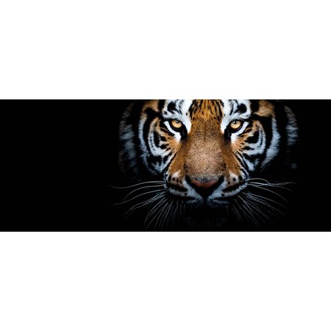Tableau moderne tigre sur fond noir | Tableau sur toile animaux noir, blanc et brun | Tableau jungle idéal pour chambre d'ado 1,0 x 0,4 m (1/2)
