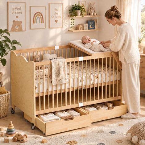 JOOKGBD-Lettino per Bambino 140x70cm in Pino Massello Naturale, Fasciatoio Laterale, 4 Livelli di Altezza Regolabili, 2 Cassetti di Stoccaggio, 4 Ruote Girevoli Bloccabili per Neonato (1/5)