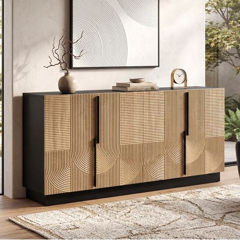 Buffet 4 portes avec relief et poignées en métal, naturel et noir, 160x42x76 cm (1/5)